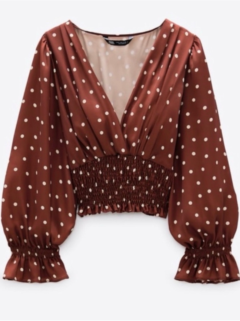 Zara Rust Brown Polka Dot Smocked V-Neck Blouse